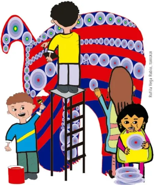 Ilustración de cuatro niños pintando de rojo una gran figura de alebrije, uno subido en una escalera con brocha; crédito de Ruttila Vega Rubio, Tlaxcala.