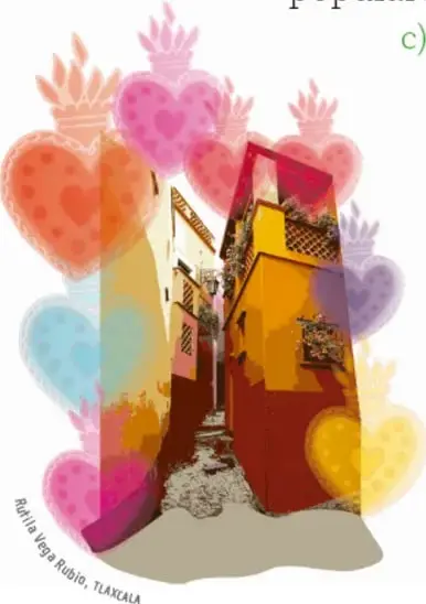 Collage artístico con corazones de colores y una calle angosta de un pueblo, con crédito 'Rufina Vega Rubio, TLAXCALA'.