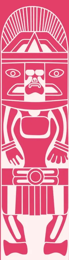 Ilustración estilizada en color rosa y blanco de una figura antropomorfa vertical, similar a un tótem o estela prehispánica. Presenta un tocado con líneas radiales, rostro con ojos grandes y nariz marcada, brazos extendidos con manos abiertas, cinturón con un círculo central y piernas con pies anchos. Evoca el arte mesoamericano.