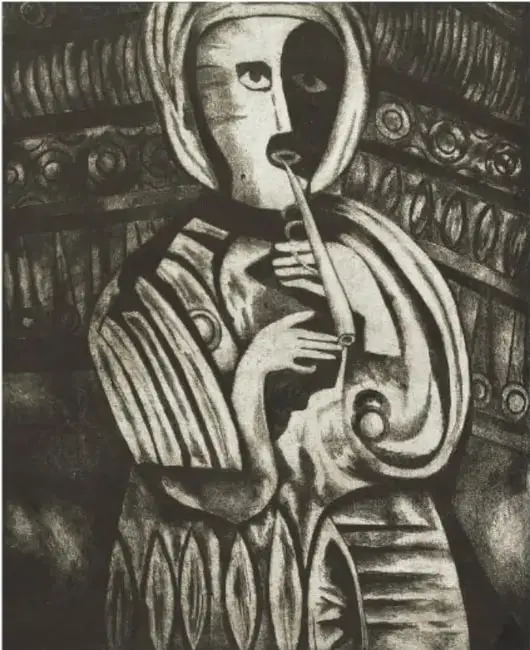 Reproducción de la obra *Flautista* (1967) de Lola Cueto: figura estilizada tocando una flauta, con rostro dividido en dos mitades y fondo texturizado.