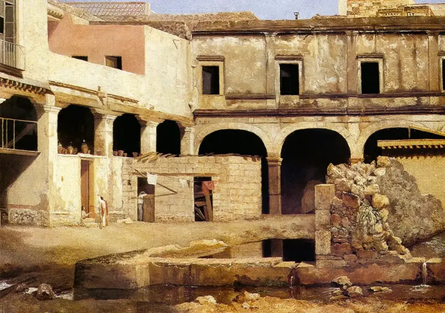 Óleo de José María Velasco titulado Patio del exconvento de San Agustín (1860), que muestra el patio interior de un antiguo convento con arcos, muros de piedra en ruinas, pequeñas figuras humanas y una alberca de agua; se conserva en el Museo Nacional de Arte (INBAL).
