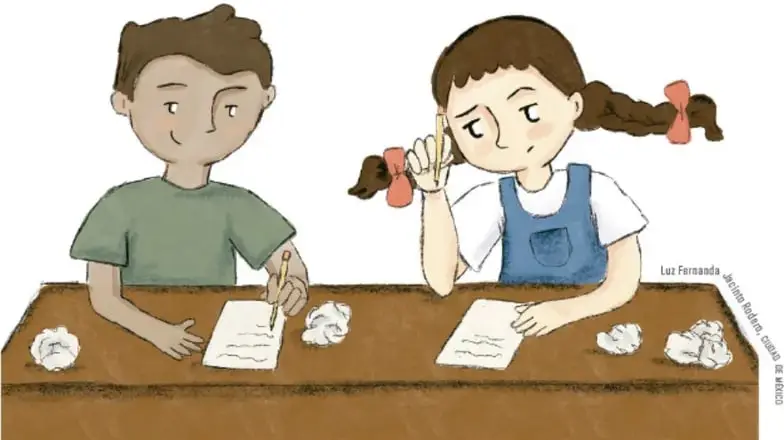 Ilustración de un niño y una niña escribiendo en una mesa, con hojas arrugadas, representando el proceso de crear una canción.