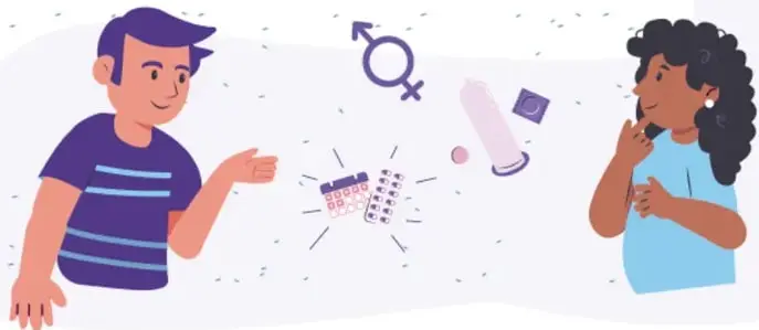 Ilustración de un joven y una joven pensativos, con símbolos de género, un calendario y un reloj, relacionados con la reflexión sobre el embarazo a temprana edad.