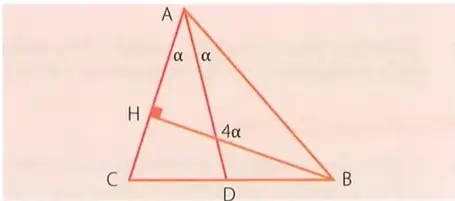 Triángulo ABC con la altura BH y la bisectriz AD; se muestran los ángulos α, α y 4α.