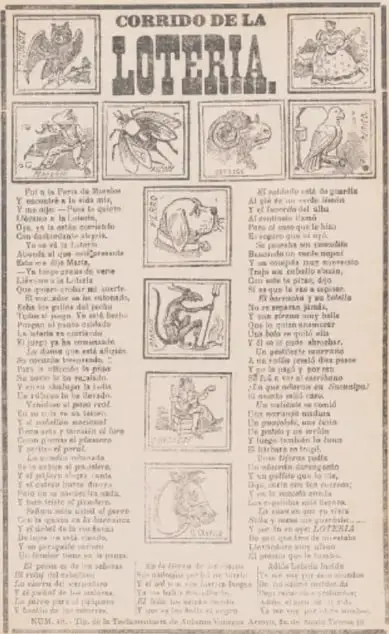 Pliego del Corrido de la Lotería con viñetas de figuras y versos.