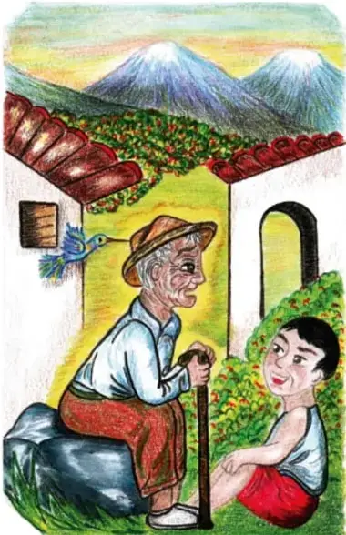 Ilustración de un anciano sentado en una piedra con bastón y un niño sentado en el pasto, frente a una casa con techo de tejas, montañas nevadas al fondo y un ave azul posada en una ventana. Al costado derecho se lee 'Elizabet de Sulib Beltrán, TLAXCALA'.