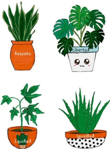 Cuatro macetas con plantas distintas, cada una con un valor escrito: Respeto, Libertad, Equidad e Igualdad (ilustración de Filomena Tun Cocon, Quintana Roo).