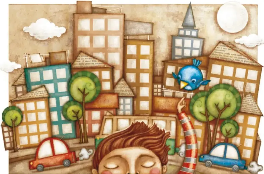 Ciudad ilustrada con edificios hechos con recortes de periódico, árboles, un auto rojo y uno azul, una luna llena y un pájaro azul en los cables; en el centro, un rostro dormido con cabello castaño y un brazo largo a rayas rojas y blancas que se estira hacia el pájaro.