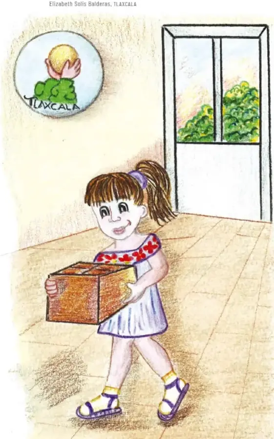 Ilustración de una niña con vestido blanco y listón morado que carga una caja de libros; a su lado hay un cartel circular con el escudo de Tlaxcala y una ventana con vegetación. Texto: Elizabeth Solís Balderas, TLAXCALA.