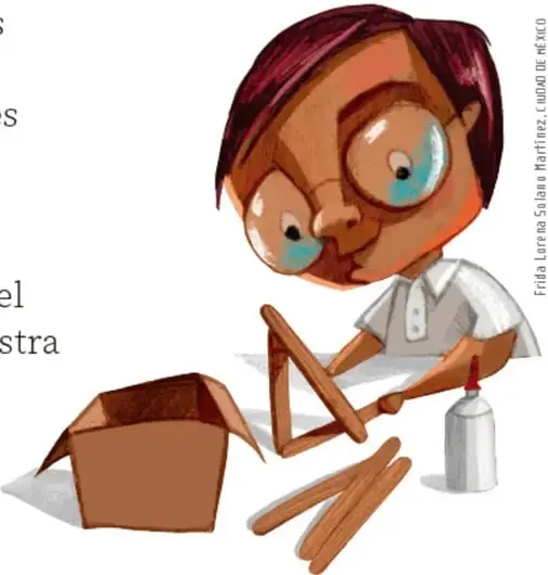 Ilustración de un niño con lentes construyendo con palitos y materiales junto a una caja de cartón, obra de Frida Lorraine Martínez.