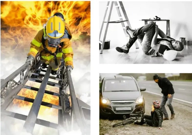 Bombero con equipo de protección trepando una escalera frente a un incendio, representando riesgos y respuesta ante emergencias.
