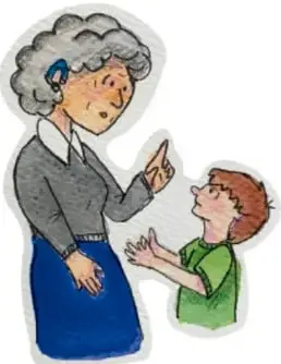 Ilustración de una maestra mayor explicando a un niño; acompaña al texto del conflicto del agua. Crédito a Mariana Haide Calderón Cifuentes, Ciudad de México.