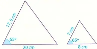 Dos triángulos con ángulo incluido de 65 grados; el mayor tiene lados rotulados 11,5 cm y 20 cm, y el menor 7 cm y 8 cm.