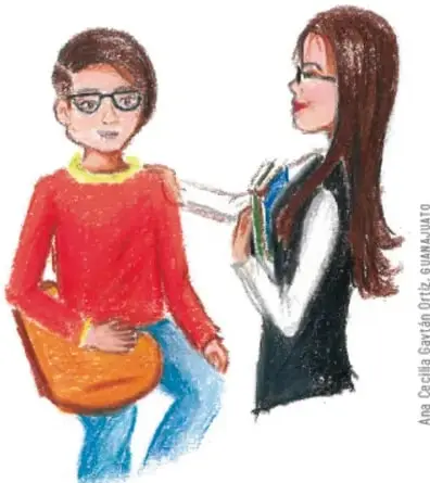 Ilustración de un niño con mochila y una niña con libros, representando el respeto entre compañeros.