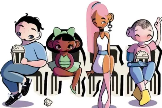 Ilustración de cuatro niños y niñas sentados en butacas de cine comiendo palomitas, observando una proyección.