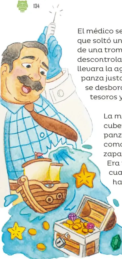 Ilustración de un médico con bigote, bata y guantes azules, sosteniendo una jeringa; su expresión muestra dolor o sorpresa.
