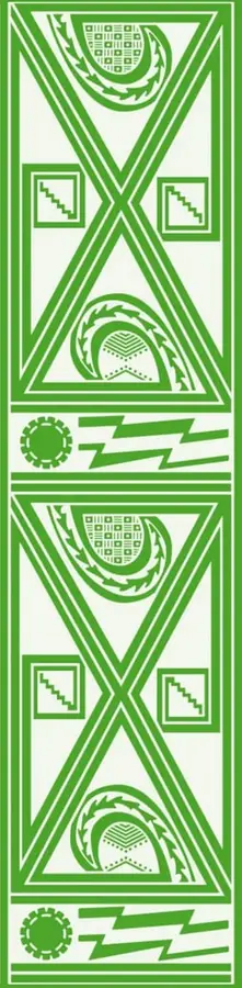 Ilustración ornamental vertical de estilo geométrico en tonos verdes sobre fondo claro: cruces diagonales, triángulos, espirales, dientes de sierra, engranes y rayos, repetida en dos módulos idénticos.