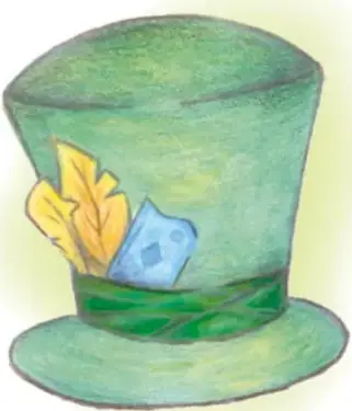 Ilustración de un sombrero verde con una pluma amarilla y una tarjeta azul, junto al texto del paso 4.