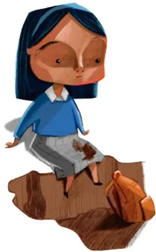 Ilustración de una niña con mochila, sentada o de pie junto a un hueco en el terreno (la zanja), con la leyenda 'Frida Lorena Salazar Martínez, CIUDAD DE MÉXICO'.