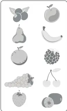 Ilustración de frutas: manzana, plátano, pera, uva, naranja, frambuesa, arándano, kiwi, frutilla y guinda.