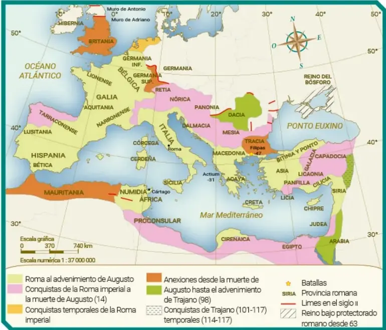 Mapa histórico que muestra la extensión del Imperio romano durante la República, con colores que indican diferentes fases de conquista: Roma al advenimiento de Augusto, conquistas hasta la muerte de Augusto, conquistas temporales, conquistas de Trajano y conquistas temporales (114-117). Incluye leyenda, escala gráfica y numérica (1:37,000,000), y nombres de regiones y ciudades.