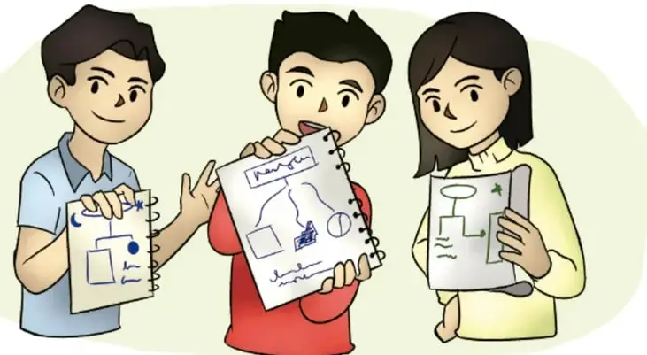Ilustración de tres estudiantes que muestran sus cuadernos con esquemas y notas; al pie dice Mariana Reyes Santiago, ESTADO DE MÉXICO.