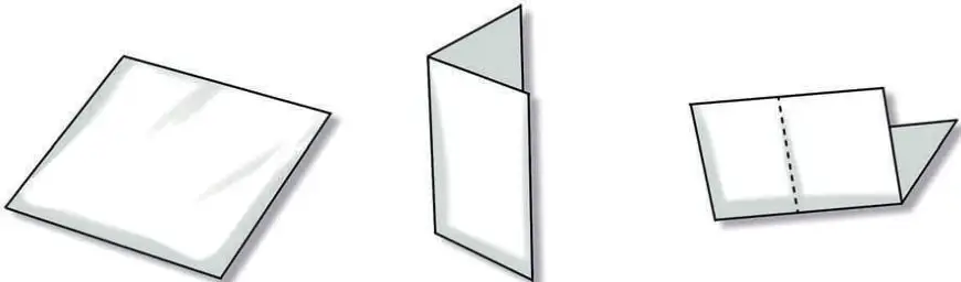 Tres dibujos que muestran cómo doblar una hoja de papel lustre: primero plana, luego doblada por la mitad y finalmente doblada en cuatro partes.