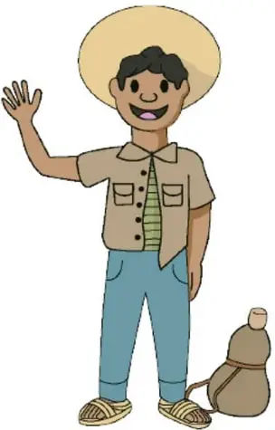 Ilustración de un niño de uniforme escolar con sombrero de paja saludando con la mano y con una petate al costado; crédito artístico: Luis Antonio Moreno Aguayo, Nayarit.