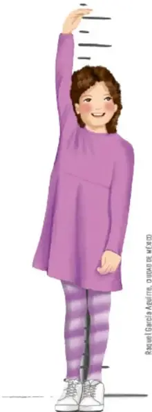Ilustración de una niña de pie con vestido morado, levantando un brazo, junto a una regla de medir estatura.