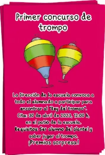 Cartel rosa con el título "Primer concurso de trompo", dos trompos de colores y el texto de la convocatoria con fecha, lugar, requisitos y premios.