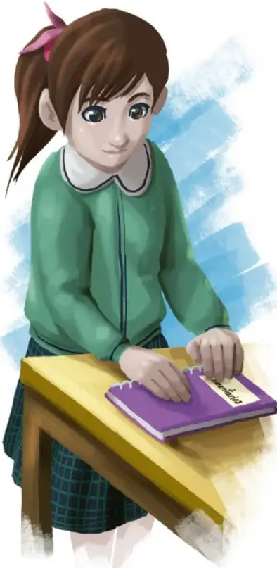 Ilustración de una niña con uniforme escolar escribiendo en un cuaderno morado sobre un pupitre.
