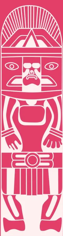 Ilustración estilizada de una figura prehispánica de piedra (deidad o gobernante con tocado radiante), en color rosa/magenta sobre fondo del mismo tono.
