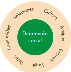 Diagrama circular: centro verde con 'Dimensión social' y anillo exterior con las palabras Relaciones, Cultura, Amigos, Escuela, Hogar, Roles y Comunidad.