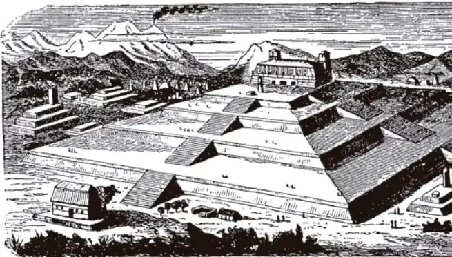 Ilustración en blanco y negro de una pirámide escalonada con montañas al fondo, representando un teocalli o centro ceremonial prehispánico.