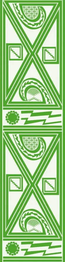 Decoración vertical geométrica de color verde con triángulos, círculos, rayos y patrones estilo prehispánico que acompaña el título de la página.