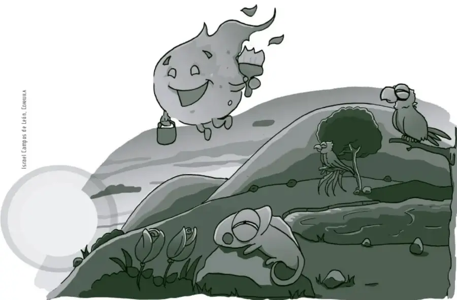 Ilustracion de un personaje redondo y sonriente con una regadera, acompanado de un ave, un raton y plantas, en un paisaje de colinas.