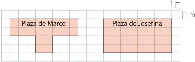 Cuadrícula con dos plazas: la de Marco, de forma irregular en L/escalonada, y la de Josefina, rectangular. Cada cuadro equivale a 1 m.