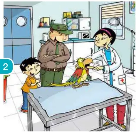 La veterinaria le da medicina al loro con una cuchara; un pingüino espera al lado.