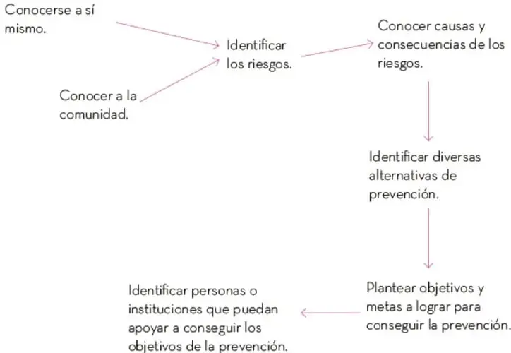 Diagrama de flujo con las seis estrategias de la prevención primaria, desde conocerse a sí mismo y conocer a la comunidad hasta identificar personas o instituciones de apoyo.