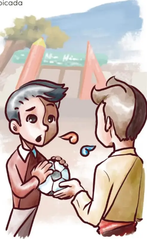 Ilustración de dos niños: uno de ellos sostiene un balón de fútbol y conversa con otro; al fondo se observa la fachada de una escuela con árboles. Acompaña el texto sobre el festival de regalo de juguetes.