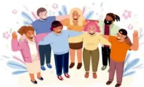 Ilustración de un grupo de niños y niñas de distintos colores con los brazos en alto, en actitud participativa.