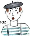 Ilustración de un niño con boina y polera a rayas haciendo mímica.