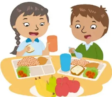 Ilustración de una niña y un niño comiendo en la escuela: plato con comida equilibrada, vaso con agua, frutas (pera y manzana). Crédito: Herenia González Zúñiga, Ciudad de México.