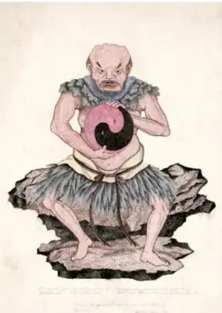 Ilustración tradicional china del gigante Pangu, de rasgos ancestrales, sentado entre rocas y sujetando el símbolo del yin y el yang, con la cabeza rodeada de hojas.