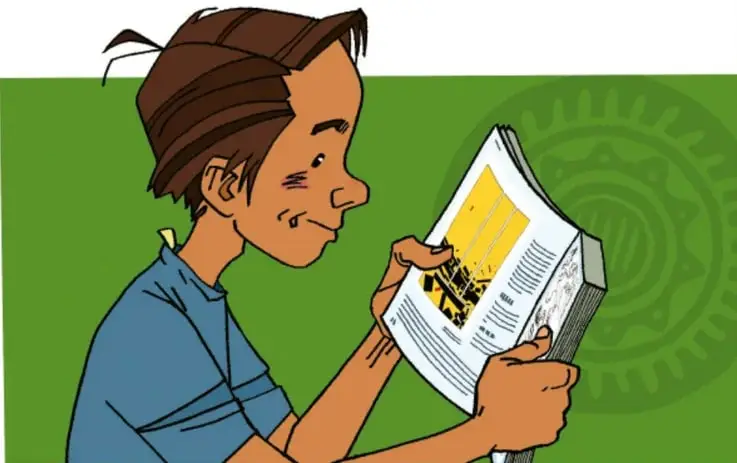 Ilustración de un niño leyendo un libro con fondo verde y un sello circular prehispánico.