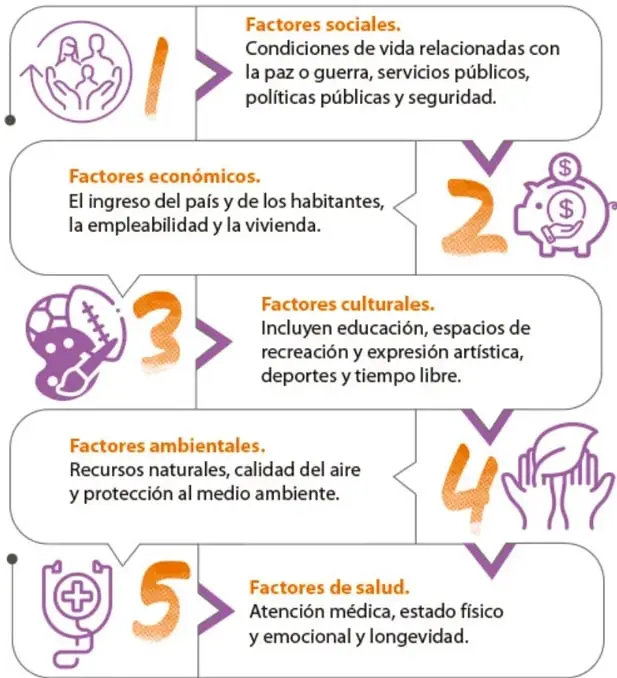 Infografía con 5 bloques redondeados encadenados, cada uno con un ícono y un número grande del 1 al 5, que enumeran los factores sociales, económicos, culturales, ambientales y de salud de la calidad de vida.