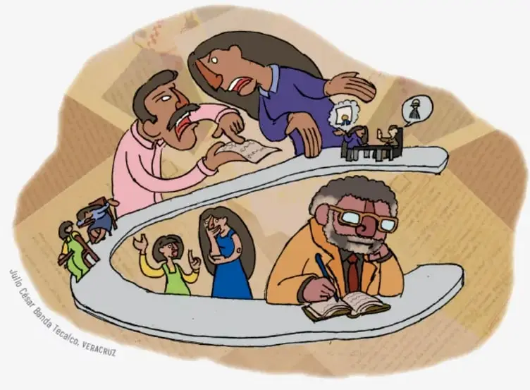 Ilustración de una escena familiar y comunitaria: una mujer joven habla con un hombre mayor que escribe en un libro; alrededor hay otras personas, entre ellas niños y una mujer con un bebé. Representa el diálogo y la transmisión de opiniones.