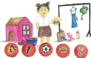 Ilustración de una niña con una casa, una cuerda con ropa y varios círculos con objetos como un balón, una llave y una planta, que representan tareas y oficios.