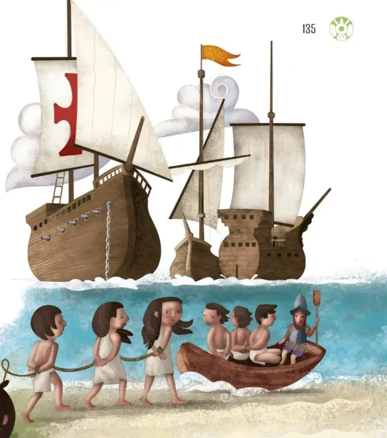 Ilustración de dos barcos de vela navegando en el mar, con nubes y una bandera roja con cruz blanca.