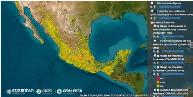 Mapa de México con el riesgo por incendios forestales y leyenda Alto, Medio, Bajo.